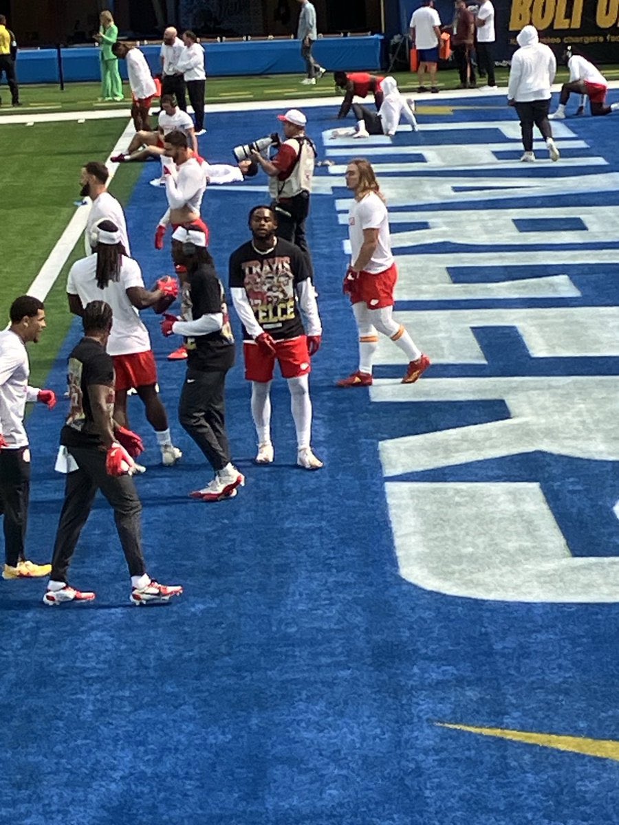 Chiefs wearing Travis Kelce Shirts