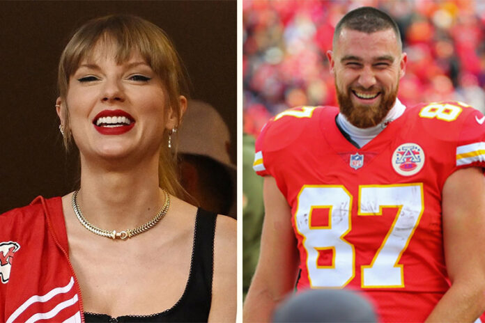 Taylor Swift and Travis Kelce Smiling