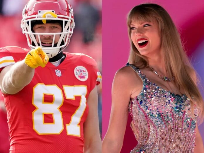 Travis Kelce in Jersey and Taylor Swift.