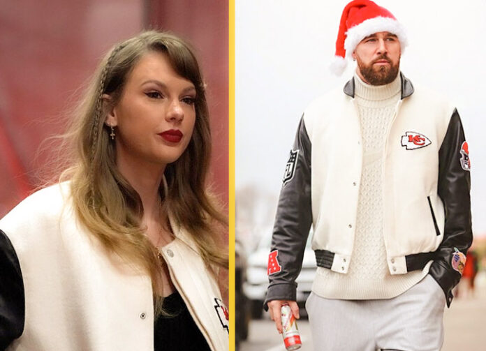 Travis Kelce and Taylor Swift Wearing Jacket