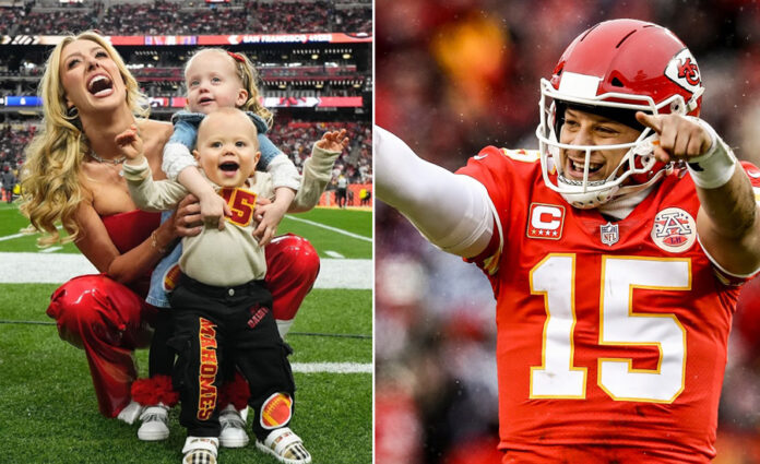 Brittany Mahomes watching Super Bowl game with children
