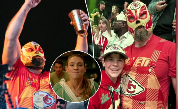 Jason Kelce and Luchador Mask Owner with Kylie Kelce