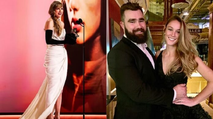 Taylor Swift at Grammys and Jason Kelce with wife