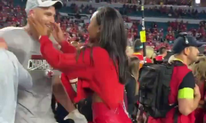 Kayla Nicole and Travis Kelce after Super Bowl Win
