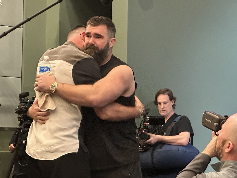 Jason Kelce hugs brother after retirement
