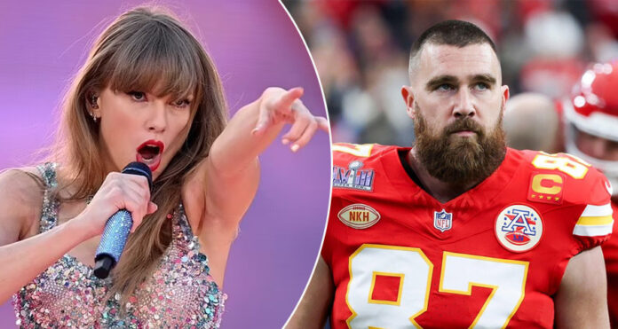 Taylor Swift Pointing and Travis Kelce looking