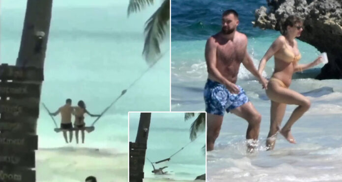 Taylor Swift and Travis Kelce enjoy a swing ride on vacation in the Bahamas
