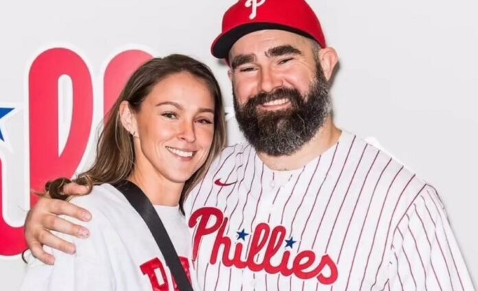 Kylie supporting Jason as he and Fletcher Cox threw out the first pitch on Phillies opening day