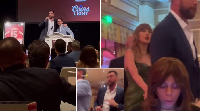 Taylor & Travis at Patrick Mahomes' fundraiser for 15 and The Mahomies last night in Las Vegas. Taylor donated 4 Eras Tour Tickets, and they sold for $80,000