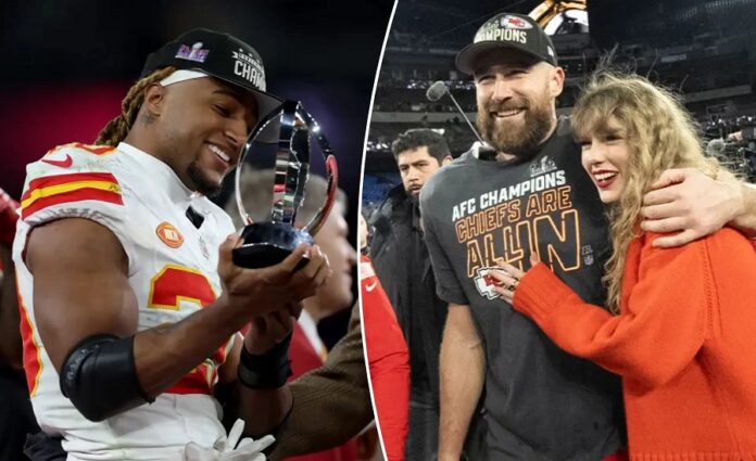 Justin Reid and Travis Kelce with Taylor Swift