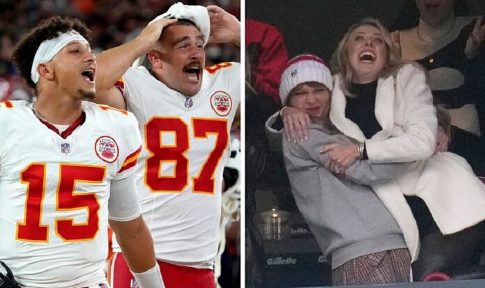 Travis Kelce and Taylor Swift and Patrick and Brittany Mahomes