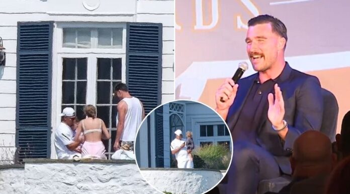 Taylor Swift and Travis Kelce have baby fever as they are seen cooing over teammate Patrick Mahomes's three-year-old daughter at her Rhode Island mansion