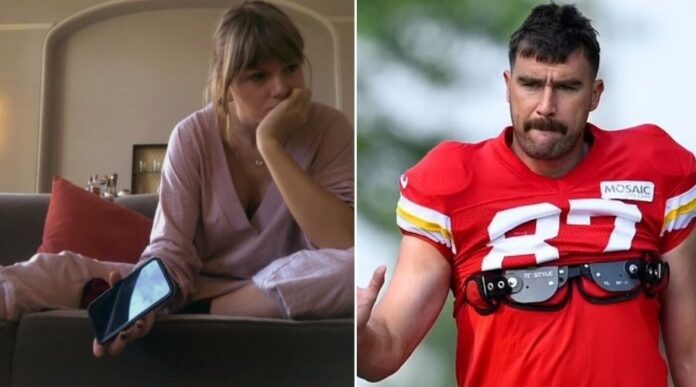 Taylor Swift on phone and Travis Kelce