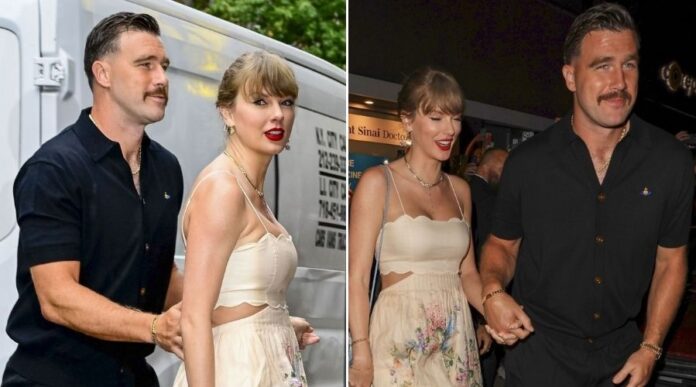 Taylor and Travis in NYC tonight 🥹🤍 The way they’re smiling and the way he holds her hand