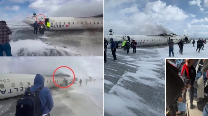 Footage from Toronto Pearson International Airport shows the fuselage flipped over on a snowy runway