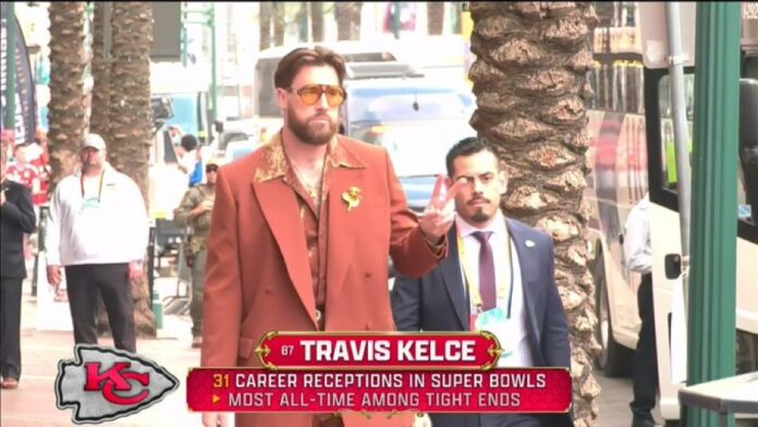 Travis Kelce arrives for the Super Bowl