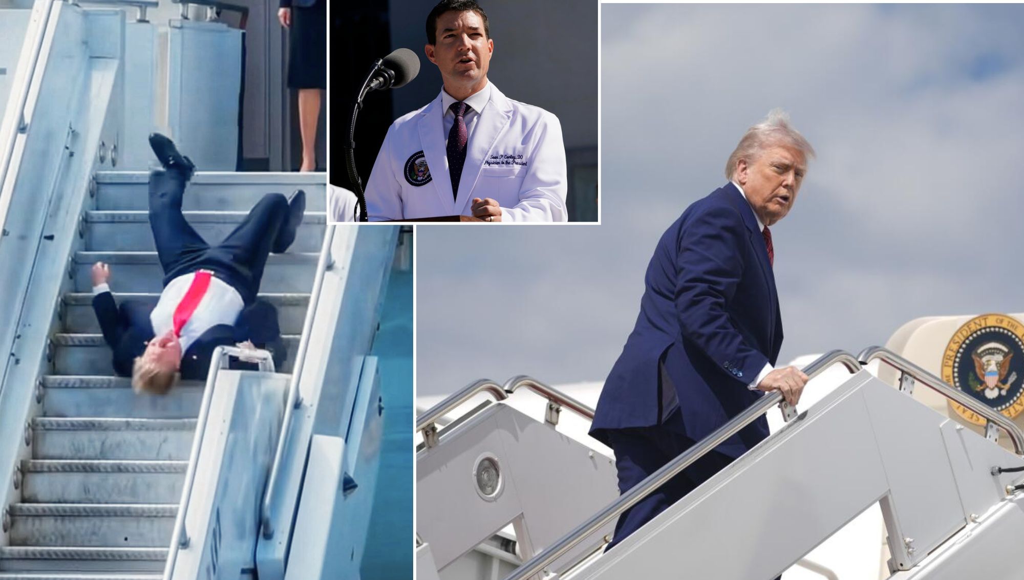 “HE HAS FALLEN!” — White House Doctor Breaks Silence After Trump Faints and Falls Boarding Air Force One, Raising Questions About His Condition, Sleep Episodes at Meetings, and Unusual Odor Complaints