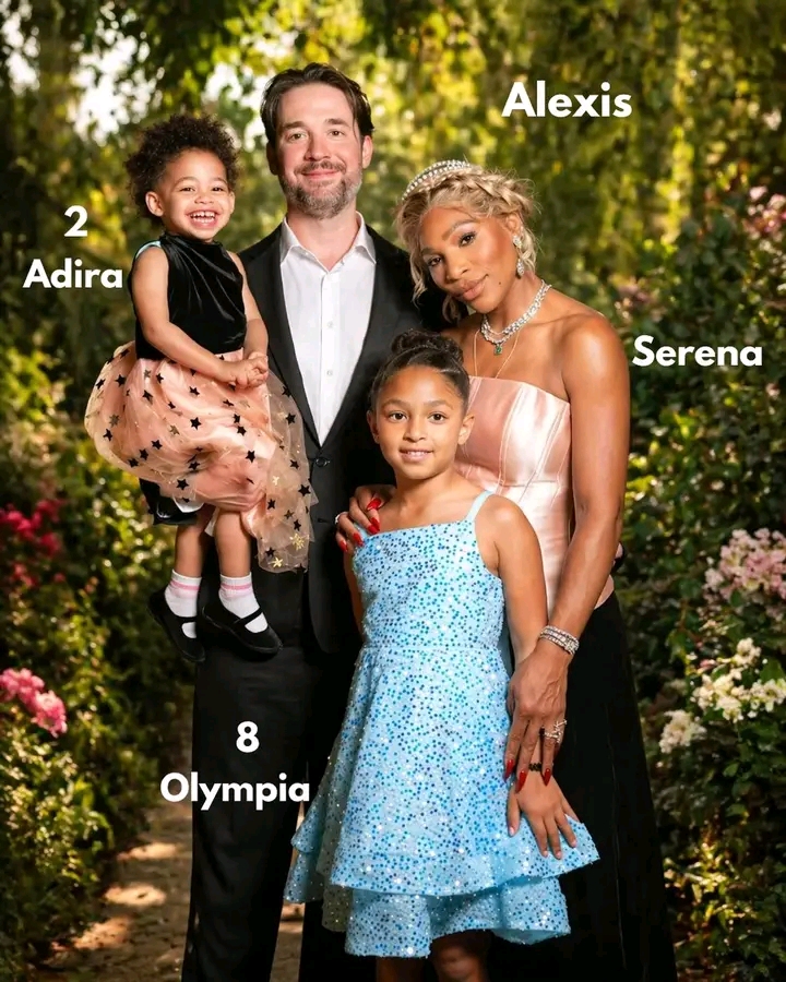 Serena Williams and her husband, Reddit co-founder Alexis Ohanian , posing with their two daughters, Olympia and Adira...