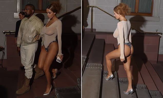 Kanye West’s wife Bianca Censori shocks once again as she goes braless in a sheer thong leotard as the couple step out in Switzerland...