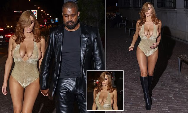 Kanye West’s wife Bianca Censori puts on eye-popping display in low-cut sparkly leotard and kinky boots for night out in texas