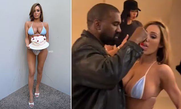Kanye West feeds wife Bianca Censori a cherry as she almost bursts out of tiny ‘kitten’ bikini on daring new shoot