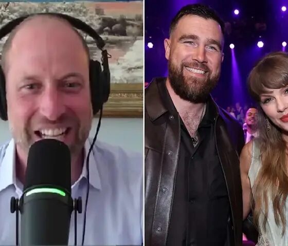 Prince William makes a surprise appearance on Travis Kelce’s podcast hours before Kelce’s wedding to Taylor Swift.