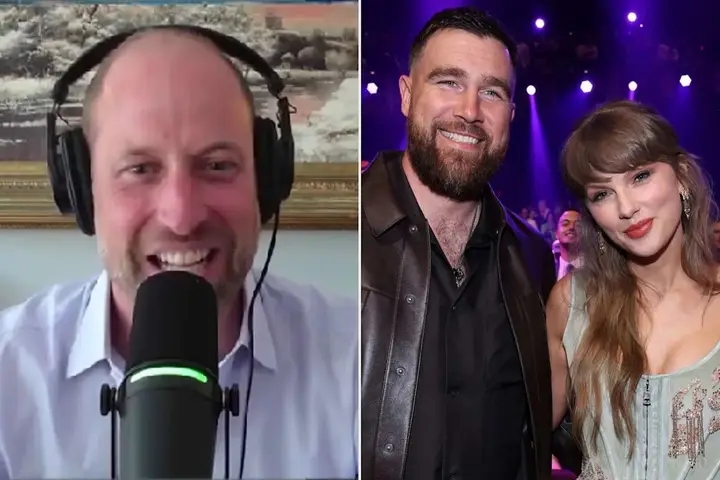 Prince William makes a surprise appearance on Travis Kelce’s podcast hours before Kelce’s wedding to Taylor Swift.