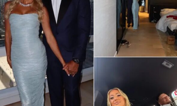 Kansas City Chiefs quarterback Patrick Mahomes with his wife Brittany Mahomes at Taylor Swift & Travis Kelce's wedding...