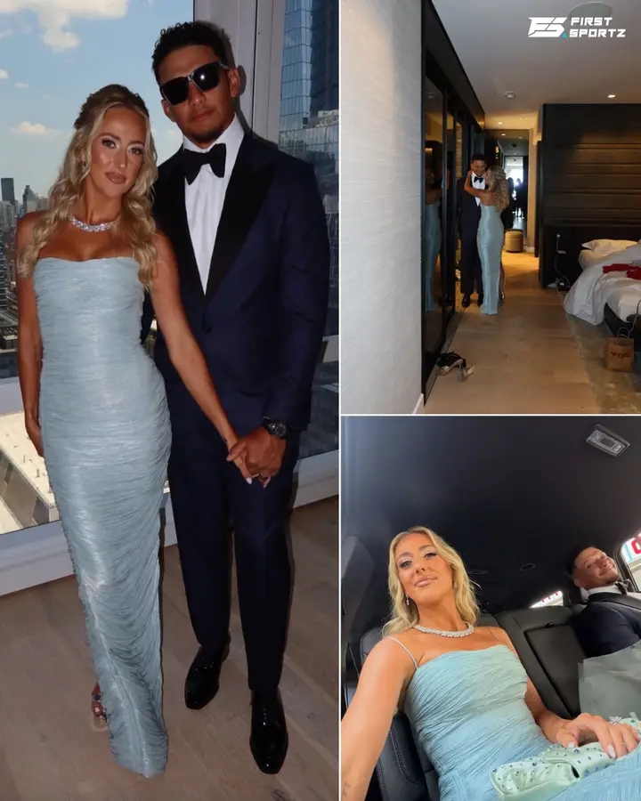 Kansas City Chiefs quarterback Patrick Mahomes with his wife Brittany Mahomes at Taylor Swift & Travis Kelce's wedding...