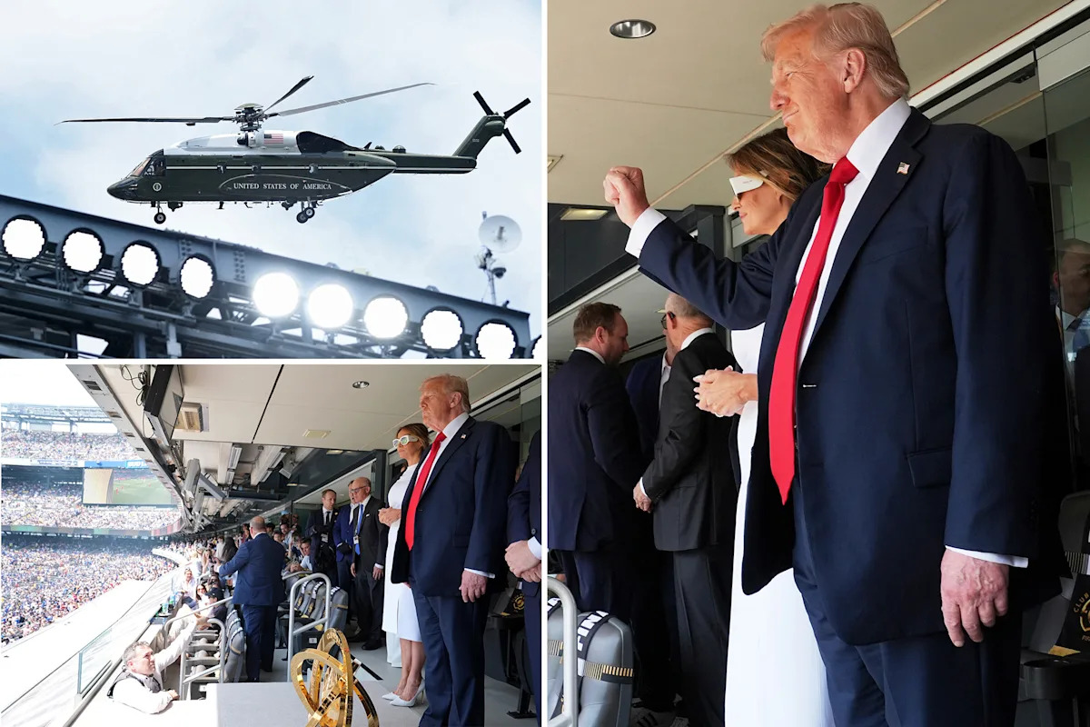 THERE HE IS! President Trump has EMERGED at Metlife Stadium for the World Cup in front of 90,000 FANS He's seated with First Lady Melania and FIFA President Gianni Infantino...