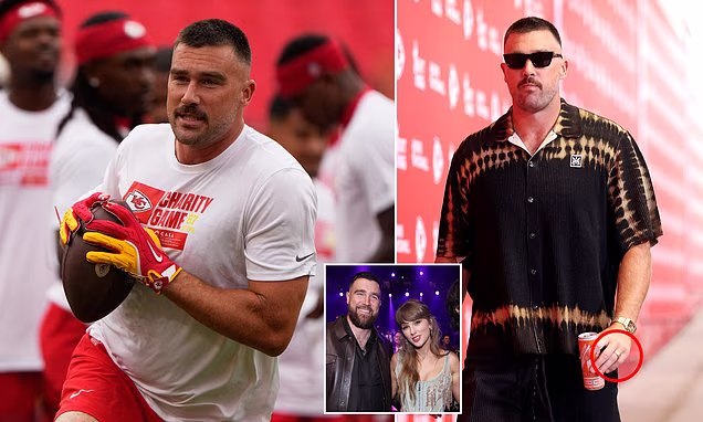 Travis Kelce flashes his wedding ring as he arrives for first Chiefs game tonight since marrying Taylor Swift... but his new wife is not spotted in the stands...